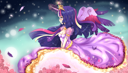 Size: 2516x1440 | Tagged: safe, artist:miniiming, twilight sparkle, human, g4, colored wings, colored wingtips, female, horn, horned humanization, humanized, pixiv, rainbow power, solo, twilight sparkle (alicorn), winged humanization