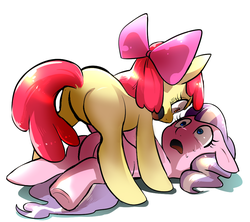 Size: 900x800 | Tagged: safe, artist:quizia, apple bloom, diamond tiara, earth pony, pony, g4, angry, bow, butt, duo, female, fight, filly, floppy ears, glare, hair bow, looking at each other, on back, open mouth, plot, scared, simple background, sweat, this will end in pain, white background, wide eyes