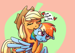 Size: 1254x885 | Tagged: safe, artist:rawrienstein, derpibooru exclusive, applejack, rainbow dash, g4, ear bite, female, hug, lesbian, nibbling, nom, ship:appledash, shipping, wingboner