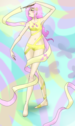 Size: 900x1500 | Tagged: safe, artist:uboaaaaa, fluttershy, human, g4, armpits, barefoot, belly button, cutie mark, feet, female, humanized, midriff, solo