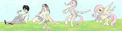 Size: 1920x500 | Tagged: safe, artist:luxianne, fluttershy, human, pegasus, pony, g4, anatomically incorrect, female, human male, human to pony, incorrect leg anatomy, male, male to female, mare, rule 63, traditional art, transformation, transformation sequence, transgender transformation