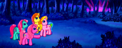 Size: 1201x480 | Tagged: safe, screencap, brights brightly, minty, pinkie pie (g3), rarity (g3), a very pony place, come back lily lightly, g3, g3 panorama, glowing, night, panorama