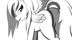 Size: 2560x1440 | Tagged: safe, artist:stasyan1902, oc, oc only, oc:37, pegasus, pony, bedroom eyes, blank flank, female, grayscale, looking at you, looking back, looking back at you, mare, monochrome, smiling, solo