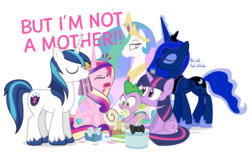 Size: 1050x645 | Tagged: safe, artist:dm29, princess cadance, princess celestia, princess luna, shining armor, twilight sparkle, alicorn, pony, g4, alicorn tetrarchy, angry, celestia is not amused, eyes closed, female, frown, hair over one eye, hilarious in hindsight, magic, mare, mother's day, mouth hold, open mouth, present, raised eyebrow, simple background, sitting, telekinesis, transparent background, twilight sparkle (alicorn), unamused, wide eyes, yelling