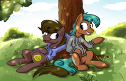 Size: 3268x2123 | Tagged: safe, artist:sigmanas, oc, oc only, pony, clothes, duo, friends, high res, hoodie, male, relaxing, summer, tree, under the tree