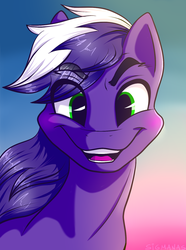 Size: 1142x1537 | Tagged: safe, artist:sigmanas, oc, oc only, oc:proudy hooves, earth pony, pony, cute, earth pony oc, eyebrows, eyebrows visible through hair, gradient background, green eyes, happy, looking at you, male, portrait, smiling, solo, stallion, sunset, two toned mane, щщоки