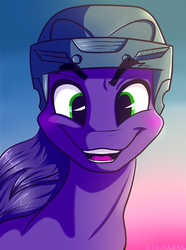 Size: 1142x1537 | Tagged: safe, artist:sigmanas, oc, oc only, oc:proudy hooves, earth pony, pony, cute, earth pony oc, eyebrows, gradient background, green eyes, happy, helmet, hockey helmet, looking at you, male, portrait, smiling, solo, stallion, sunset, щщоки
