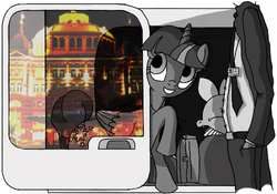 Size: 500x350 | Tagged: safe, artist:dantheman, spike, twilight sparkle, alicorn, human, pony, fanfic:chrysalis visits the hague, g4, car, chapter image, clothes, driver, fanfic, fanfic art, female, fimfiction, fimfiction.net link, grayscale, hotel, id card, mare, mirror image, monochrome, necktie, netherlands, night, photomanipulation, pony on earth, smiling, suit, suitcase, twilight sparkle (alicorn)