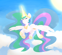 Size: 1800x1600 | Tagged: safe, artist:korgikardigan, princess celestia, g4, eyes closed, female, flying, magic, smiling, solo, sun