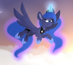 Size: 1800x1600 | Tagged: safe, artist:korgikardigan, princess luna, g4, female, flying, magic, smiling, solo, twilight (astronomy)