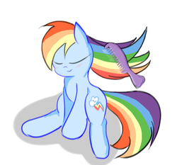 Size: 690x642 | Tagged: safe, artist:fromamida, rainbow dash, pony, g4, blushing, brushing, cute, eyes closed, female, grooming, mare, simple background, sitting, smiling, solo, white background