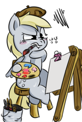 Size: 600x900 | Tagged: safe, artist:walthooves, derpy hooves, pegasus, pony, g4, beret, easel, female, mare, mouth hold, paintbrush, sitting, solo, stool