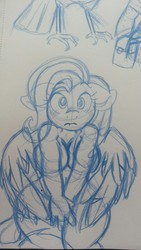 Size: 720x1280 | Tagged: safe, artist:pippy, fluttershy, anthro, g4, blushing, curvy, female, monochrome, plump, solo, traditional art
