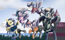 Size: 3236x2000 | Tagged: safe, artist:unousaya, clear skies, cloudchaser, flitter, night glider, sunshower, pony, g4, bipedal, clothes, high heels, high res, stockings