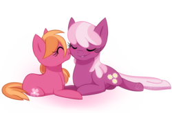 Size: 1000x660 | Tagged: dead source, safe, artist:littaly, cheerilee, oc, oc:apple blossom, g4, cheek kiss, duo, eyes closed, kissing, mother and daughter, offspring, parent:big macintosh, parent:cheerilee, parents:cheerimac