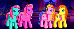 Size: 1219x480 | Tagged: safe, screencap, brights brightly, minty, pinkie pie (g3), rarity (g3), a very pony place, come back lily lightly, g3, g3 panorama, looking at each other, night, panorama