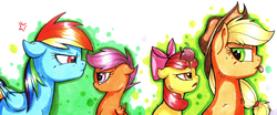 Size: 4577x1897 | Tagged: safe, artist:yellowrobin, apple bloom, applejack, rainbow dash, scootaloo, g4, tongue out, traditional art