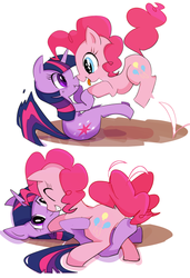 Size: 478x700 | Tagged: safe, artist:youhoujou, pinkie pie, twilight sparkle, earth pony, pony, unicorn, g4, boop, cute, diapinkes, eye contact, eyes closed, female, glomp, grin, holding hooves, lesbian, noseboop, on back, open mouth, pounce, pronking, puppy pie, scrunchy face, ship:twinkie, shipping, smiling, tail wag, tongue out, unicorn twilight