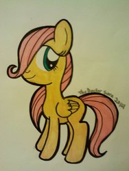 Size: 774x1032 | Tagged: safe, artist:theartistsora, fluttershy, g4, female, filly, sitting, solo, traditional art