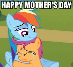 Size: 601x550 | Tagged: safe, artist:thunderhawk03, rainbow dash, scootaloo, pegasus, pony, g4, caption, crying, hug, image macro, meme, mother's day, scootalove