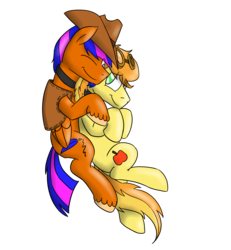 Size: 2074x2244 | Tagged: safe, artist:timsplosion, braeburn, oc, oc:scribbsie, earth pony, pegasus, pony, g4, accessory swap, beard, canon x oc, clothes, collar, everypony's gay for braeburn, facial hair, gay, goatee, goggles, hat, high res, male, shipping, simple background, snuggling, transparent background, unshorn fetlocks, vest