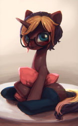Size: 601x961 | Tagged: dead source, safe, artist:frali, oc, oc only, chocolate pony, food pony, original species, pony, unicorn, blushing, chocolate, glasses, looking at you, pillow, plate, shiny, sitting, smiling, solo