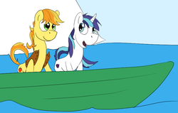 Size: 773x491 | Tagged: safe, artist:a2, braeburn, shining armor, earth pony, pony, unicorn, g4, boat, duo, male, stallion