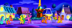 Size: 1206x480 | Tagged: safe, screencap, bumble hum, fine shine, flutter line, ice scoop, night shine, rise-a-shine, shine-a-belle, pony, unicorn, a very pony place, come back lily lightly, g3, background pony, ball, bipedal, bumblebetes, catching, cute, diascoops, female, fineabetes, g3 nightabetes, g3 panorama, g3 shineabetes, grin, group, house, juggling, lineabetes, mare, night, open mouth, open smile, panorama, playing, rearing, riseabetes, shine, smiling, tree, unicornia, walking