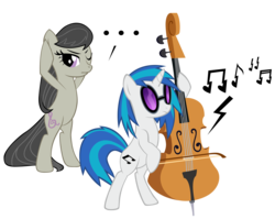 Size: 3885x3099 | Tagged: safe, artist:jaelachan, dj pon-3, octavia melody, vinyl scratch, earth pony, pony, unicorn, g4, bipedal, cello, cutie mark, female, frown, high res, hooves, horn, mare, music notes, musical instrument, simple background, sunglasses, transparent background, vector