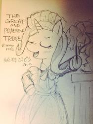 Size: 768x1024 | Tagged: safe, artist:remyroez, trixie, pony, unicorn, g4, cleaning, clothes, female, grayscale, maid, mare, monochrome, solo