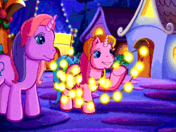 Size: 640x480 | Tagged: safe, screencap, lily lightly, rarity (g3), a very pony place, come back lily lightly, g3, animated, cute, female, g3 raribetes, lights, night, spinning