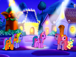 Size: 640x480 | Tagged: safe, screencap, cheerilee (g3), ice scoop, lily lightly, night shine, rarity (g3), a very pony place, come back lily lightly, g3, night, spotlight