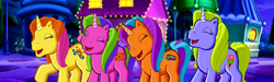 Size: 1574x473 | Tagged: safe, screencap, brights brightly, ice scoop, night shine, shine-a-belle, pony, unicorn, a very pony place, come back lily lightly, g3, adorabrights, cute, diascoops, eyes closed, female, funny, funny as hell, g3 nightabetes, g3 panorama, g3 shineabetes, laughing, mare, night, open mouth, open smile, panorama, smiling