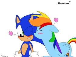 Size: 1280x960 | Tagged: safe, artist:megaartist923, rainbow dash, g4, cheek kiss, crossover, crossover shipping, female, interspecies, kissing, male, shipping, sonic the hedgehog, sonic the hedgehog (series), sonicdash, straight