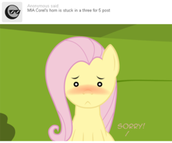 Size: 540x450 | Tagged: safe, artist:aha-mccoy, fluttershy, pony, nopony-ask-mclovin, g4, :c, ask, blushing, female, fluttertree, frown, implied horn penetration, implied penetration, offscreen character, solo, tumblr