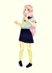 Size: 4961x7016 | Tagged: safe, artist:mohomo, fluttershy, human, g4, absurd resolution, clothes, female, gum, humanized, sailor uniform, school uniform, schoolgirl, shoes, skirt, socks, solo, thigh highs, wing ears