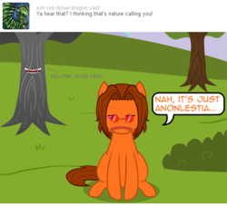 Size: 540x490 | Tagged: safe, artist:aha-mccoy, oc, oc only, oc:aha mclovin, oc:anonlestia, pegasus, pony, nopony-ask-mclovin, ask, male, shapeshifting, speech bubble, stallion, tree, tumblr