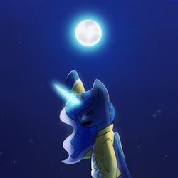 Size: 1200x1200 | Tagged: safe, artist:anticular, princess luna, alicorn, pony, ask sunshine and moonbeams, g4, clothes, eyes closed, facial hair, female, freddie mercury, magic, mare, moon, moon work, moustache, night, queen (band), raised hoof, solo