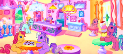 Size: 1091x480 | Tagged: safe, screencap, minty, pinkie pie (g3), sparkleworks, sweetberry, wysteria, earth pony, a charming birthday, g3, cake, chandelier, chocolate chip checkers, cotton candy cafe, counter, doorway, female, food, g3 panorama, gumball machine, layering error, mare, panorama, saturated, sitting, table, trash can, window