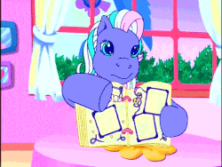 Size: 640x480 | Tagged: safe, screencap, kimono, razzaroo, a charming birthday, g3, animated, book, cotton candy cafe, female, pointing, ponyville surprise birthday book, solo