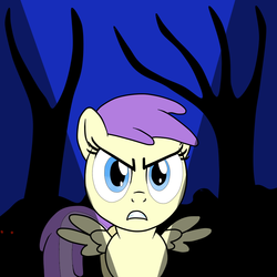 Size: 1000x1000 | Tagged: safe, artist:samey90, alula, pluto, pegasus, pony, g4, female, filly, flashlight (object), forest, ghost stories, solo, torch, tree, wrong eye color