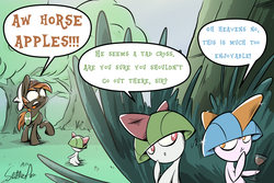 Size: 1500x1000 | Tagged: safe, artist:slitherpon, button mash, earth pony, pony, ralts, g4, colt, crossover, dialogue, forest, male, pokémon, pokémon advanced, pokémon omega ruby and alpha sapphire, pokémon ruby and sapphire, shiny pokémon, signature, single panel