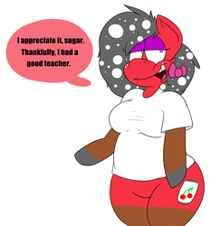 Size: 2075x2138 | Tagged: safe, artist:thecherrysodaaskblog, oc, oc only, oc:cherry soda, anthro, tumblr:thecherrysodaaskblog, breasts, chubby, clothes, fat, female, hair bow, high res, looking away, shirt, shrunken pupils, solo, tumblr, wide, wide hips