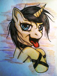 Size: 1404x1844 | Tagged: safe, artist:tomek2289, oc, oc only, oc:coffee bean, pony, unicorn, mane, open mouth, solo, traditional art