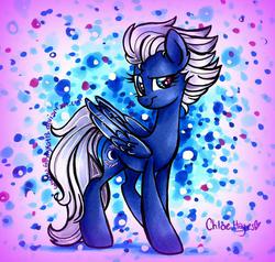 Size: 1492x1420 | Tagged: safe, artist:frostykat13, night glider, pegasus, pony, g4, the cutie map, abstract background, female, looking at you, solo, traditional art