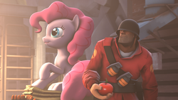 Size: 3840x2160 | Tagged: safe, artist:gergta, pinkie pie, g4, 3d, apple, crossover, evening, high res, soldier, soldier (tf2), source filmmaker, team fortress 2