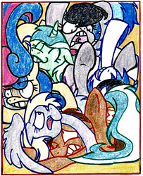 Size: 617x761 | Tagged: safe, artist:pandan009, bon bon, derpy hooves, dj pon-3, doctor whooves, lyra heartstrings, octavia melody, sweetie drops, time turner, vinyl scratch, earth pony, pegasus, pony, unicorn, g4, angry, background six, blushing, ear bite, female, male, mare, stallion