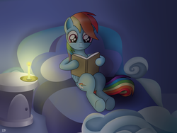 Size: 3000x2250 | Tagged: safe, artist:denial-is-tragic, rainbow dash, pegasus, pony, g4, bed, book, candle, female, reading, solo