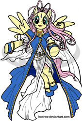 Size: 584x864 | Tagged: safe, artist:foxdrew, fluttershy, g4, ah my goddess, belldandy, crossover, female, norn, solo, verdandi, watermark