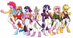 Size: 3275x1684 | Tagged: safe, artist:koviry, applejack, fluttershy, pinkie pie, rainbow dash, rarity, spike, twilight sparkle, anthro, g4, anime, fashion, mane seven, mane six, sakura wars, twilight sparkle (alicorn)